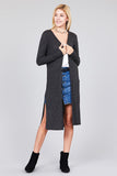 Ladies fashion plus size long sleeve open front side slit midi length brushed waffle cardigan