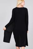 Ladies fashion plus size long sleeve open front side slit midi length brushed waffle cardigan