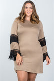 Ladies fashion plus size boho mocha black contrast crochet mini dress