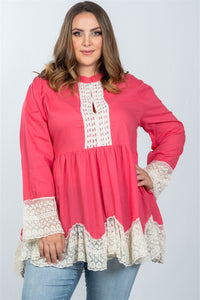 Ladies fashion plus size boho contrast lace trim babydoll tunic top