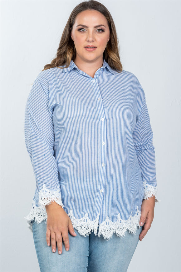 Ladies fashion plus size boho stripe crochet-hem button-up shirt