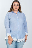 Ladies fashion plus size boho stripe crochet-hem button-up shirt