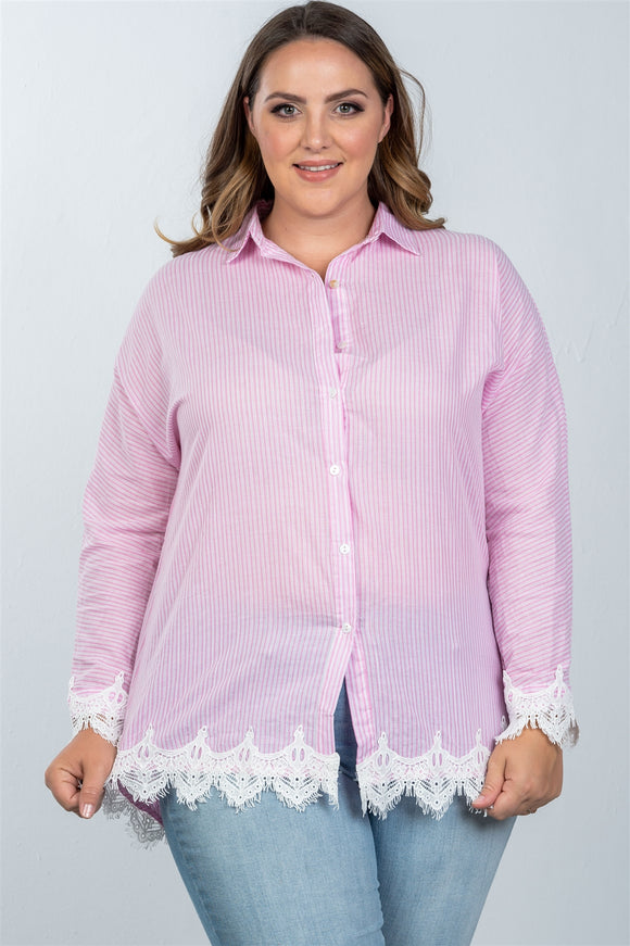 Ladies fashion plus size boho stripe crochet-hem button-up shirt