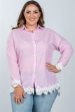 Ladies fashion plus size boho stripe crochet-hem button-up shirt