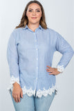 Ladies fashion plus size boho stripe crochet-hem button-up shirt