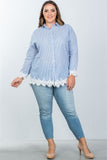 Ladies fashion plus size boho stripe crochet-hem button-up shirt