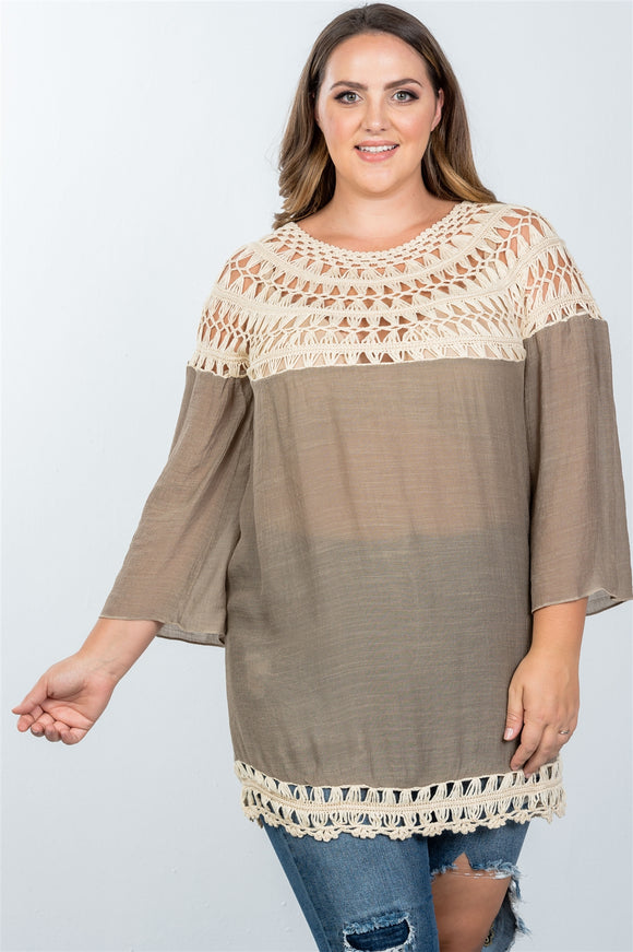 Ladies fashion plus size mocha crochet neckline and hem top