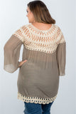 Ladies fashion plus size mocha crochet neckline and hem top