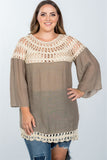 Ladies fashion plus size mocha crochet neckline and hem top