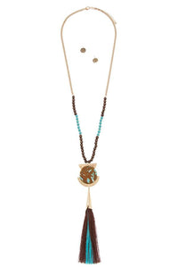 Round geo shape metal tassel link necklace set