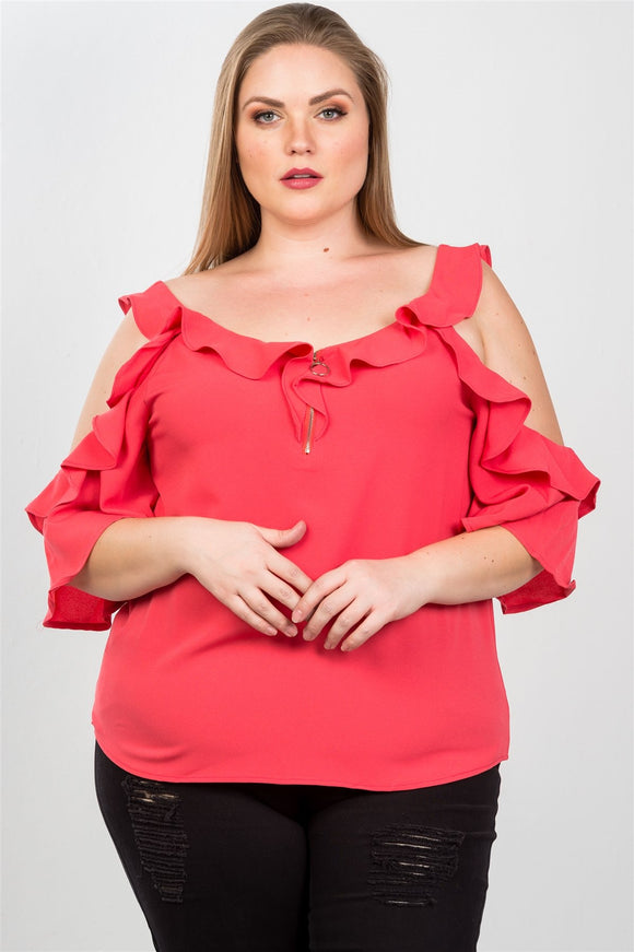 Ladies fashion plus size cold shoulder ruffle zipper o-ring top