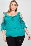 Ladies fashion plus size cold shoulder ruffle zipper o-ring top