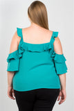 Ladies fashion plus size cold shoulder ruffle zipper o-ring top