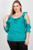 Ladies fashion plus size cold shoulder ruffle zipper o-ring top