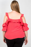 Ladies fashion plus size cold shoulder ruffle zipper o-ring top