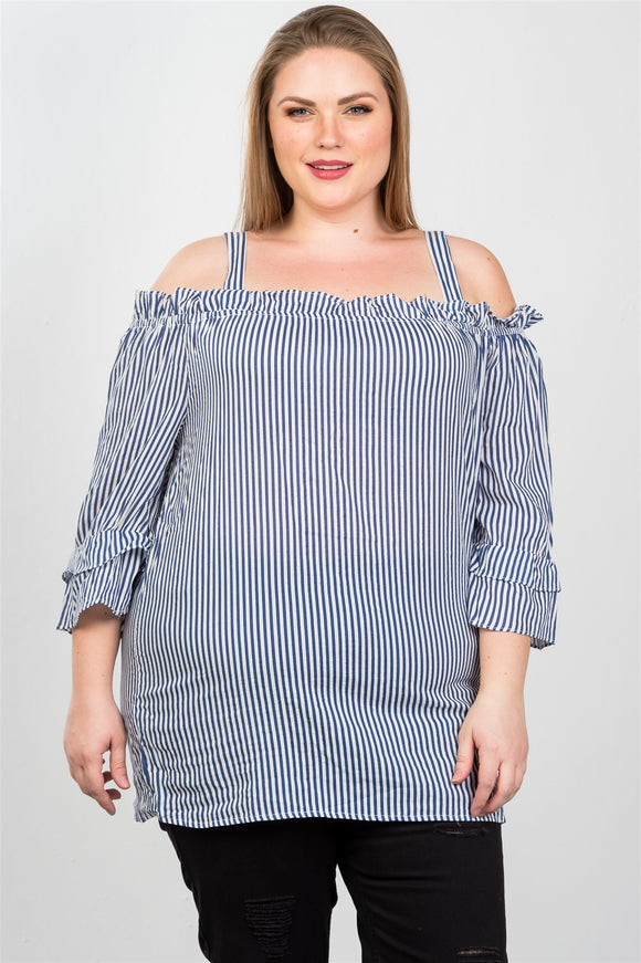 Ladies fashion plus size boho striped cold-shoulder top