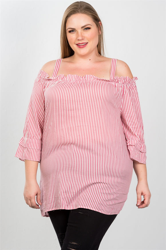 Ladies fashion plus size boho striped cold-shoulder top