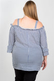 Ladies fashion plus size boho striped cold-shoulder top