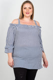 Ladies fashion plus size boho striped cold-shoulder top