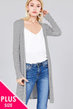 Ladies fashion plus size long sleeve open front side slit stripe tunic length rayon spandex rib cardigan