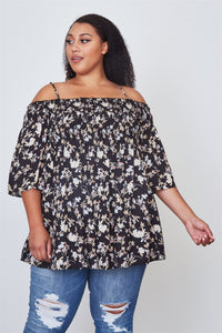 Ladies fashion plus size floral print shirred bust cold shoulder top