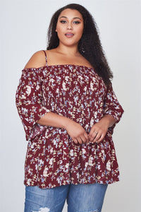 Ladies fashion plus size floral print shirred bust cold shoulder top