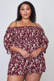 Ladies fashion plus size floral print shirred bust cold shoulder top