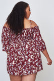 Ladies fashion plus size floral print shirred bust cold shoulder top