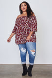 Ladies fashion plus size floral print shirred bust cold shoulder top