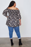 Ladies fashion plus size floral print shirred bust cold shoulder top