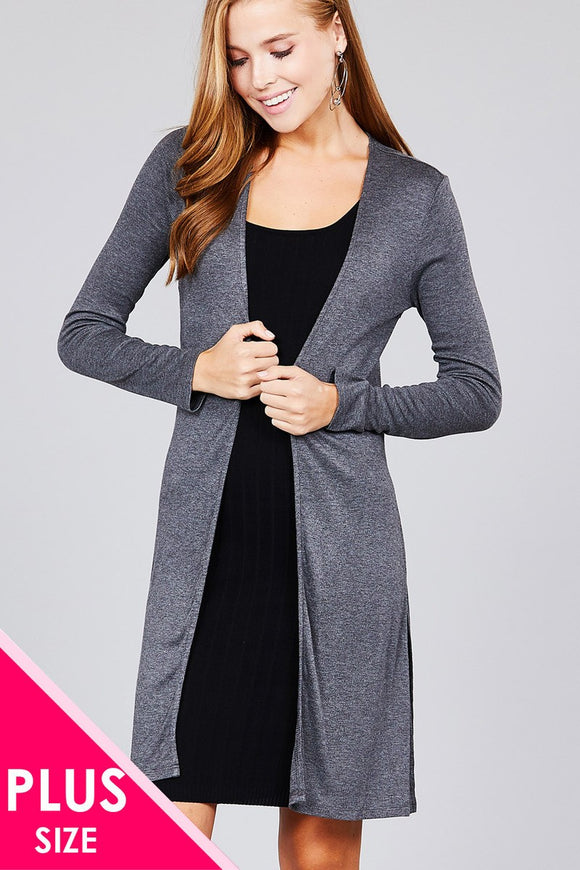 Ladies fashion plus size long sleeve open front side slit tunic length rayon spandex rib cardigan