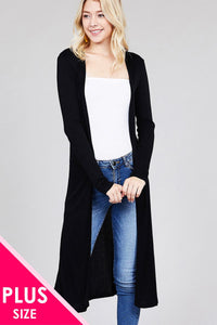 Ladies fashion plus size long sleeve open front side slit long length rayon spandex rib cardigan