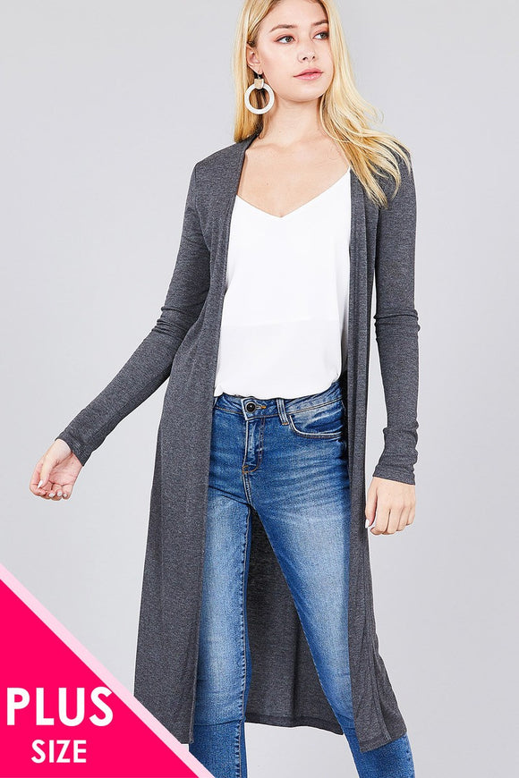 Ladies fashion plus size long sleeve open front side slit long length rayon spandex rib cardigan