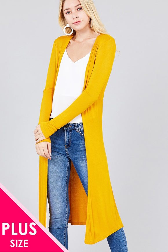 Ladies fashion plus size long sleeve open front side slit long length rayon spandex rib cardigan