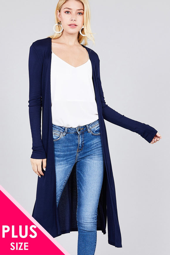 Ladies fashion plus size long sleeve open front side slit long length rayon spandex rib cardigan