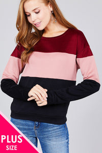 Long sleeve round neck color block pattern brushed french terry top