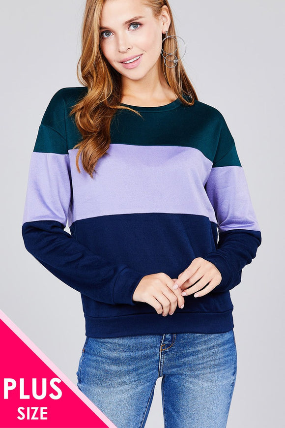 Long sleeve round neck color block pattern brushed french terry top