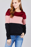 Long sleeve round neck color block pattern brushed french terry top