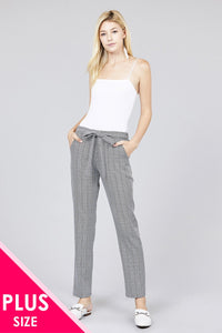 Self ribbon detail checked woven ankle pants