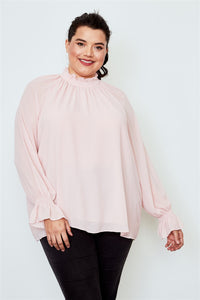 Plus size high neck ruffle long sleeve top