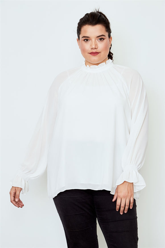 Plus size high neck ruffle long sleeve top