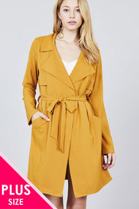 Long Sleeve Notched Collar W/waist Belt Long Jacket