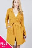 Long Sleeve Notched Collar W/waist Belt Long Jacket