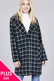 Long Sleeve Notched Lapel W/pocket Heavy Plaid Long Jacket