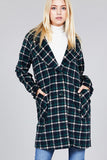 Long Sleeve Notched Lapel W/pocket Heavy Plaid Long Jacket