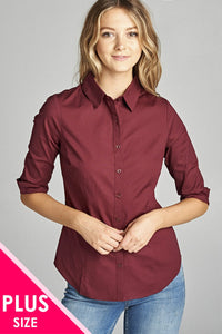 Ladies fashion plus size 3/4 sleeve stretch button down collar shirts